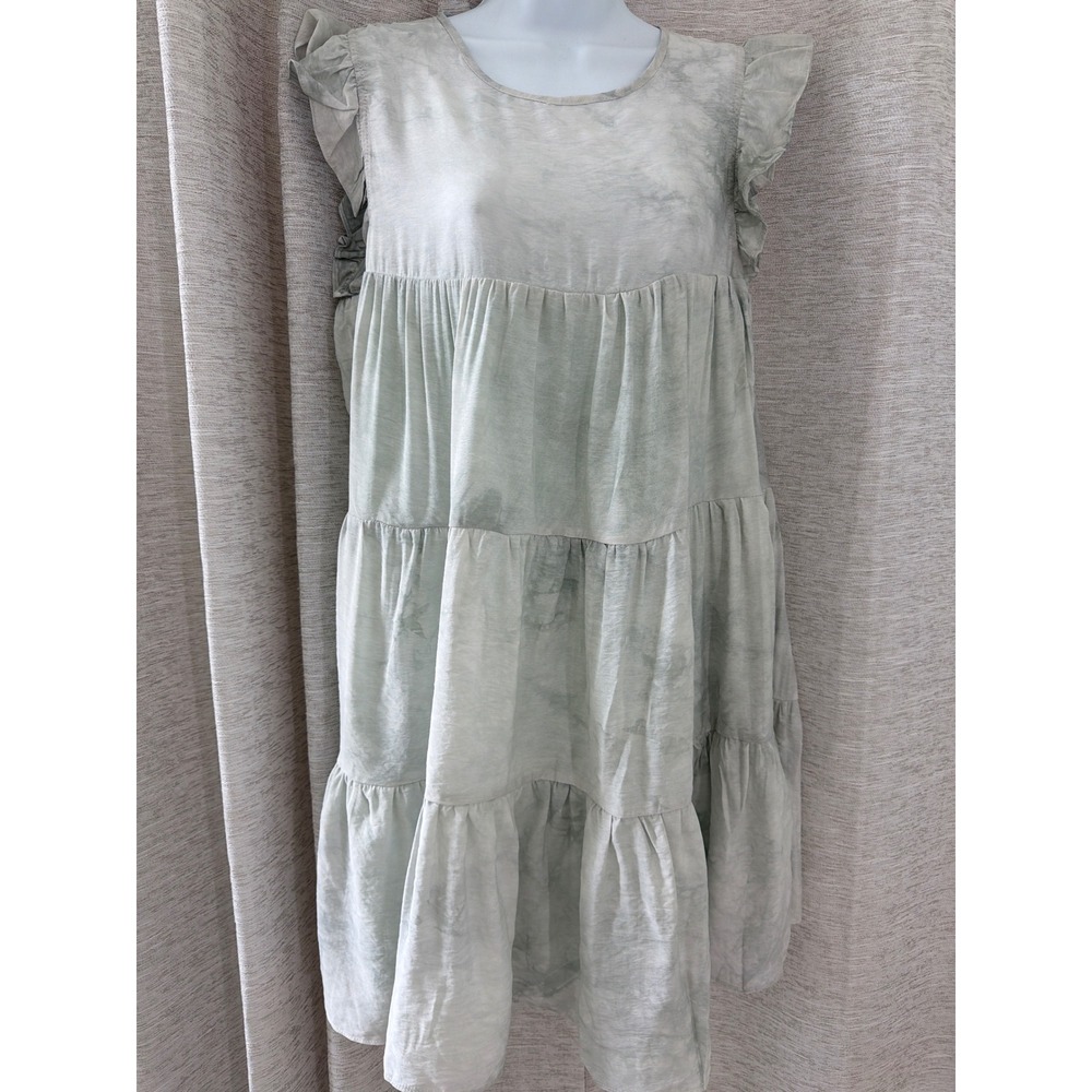 Free The Roses Sage Green Tie Dye Tiered Ruffle Mini Dress with Pockets Small